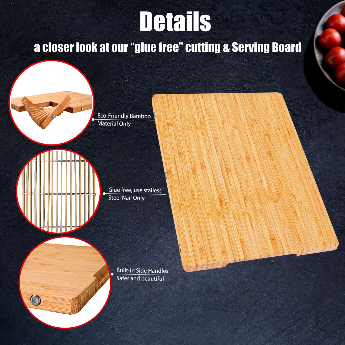Bamboo Cutting Boards Set with Stand - 3 Piece Charcuterie Board with Handle, Truly Glue Free, Non Toxic Wood Chopping Serving Boards for Kitchen Gift Set - Dishwasher Safe [New 2026 Upgrade]