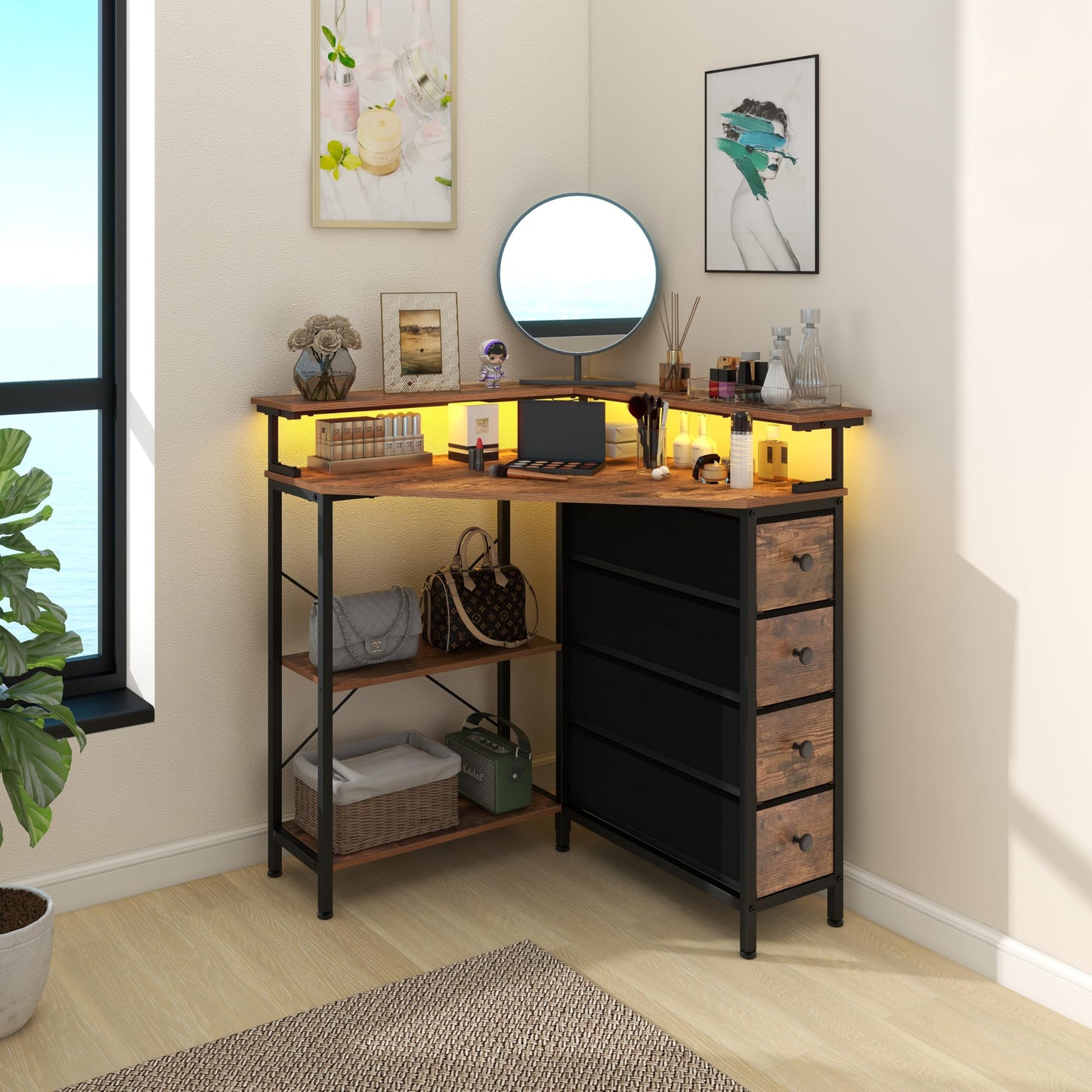 VENNQD Corner Desk with Drawers Shelves for Small Space 90 Degrees Triangle Computer Desk with Power Outlets,Gaming Desk with LED Lights Monitor Stand for Home Office Workstation Writing Table (Brown)