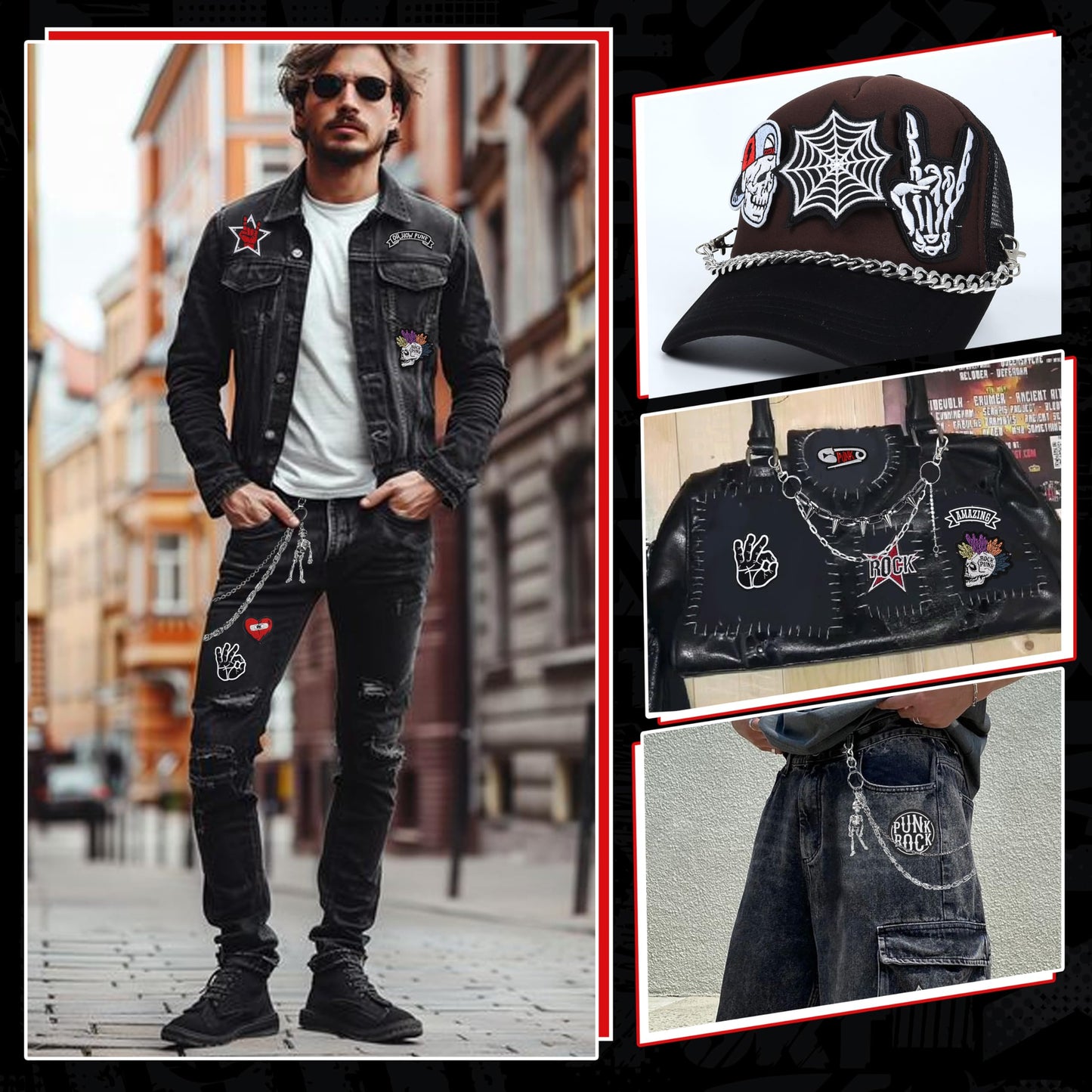 Meneng Punk Chains Kit for Men: 24PCS Black Hats Pants Chain with Embroidered Patch - Goth Hip Hop DIY Crafts for Jeans Wallets Belts Pockets Trucker Hats