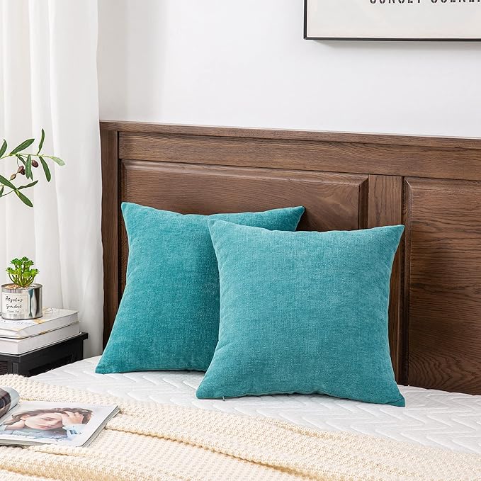 GAWAMAY Decorative Square Throw Pillow Covers Set of 2 for Sofa ,Super Soft Chenille Farmhouse Pillowcases for Living Room Bedroom Home Decoration Couch Cushion Cover Teal 50x50cm/20x20 Inch
