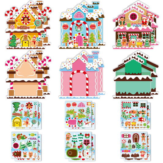 Aginc Berry 12Pcs Christmas Gingerbread Candy House Scene Sticker Art Craft, Make Your Own Christmas Candy House Sticker Scene with Xmas Tree Snowman Stickers for Kids, Xmas Holiday Party Favors