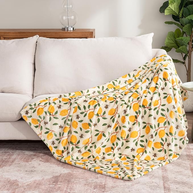 Berkshire Blanket-Classic Heavyweight Soft Printed VelvetLoft® Plush Throw Blanket, Cozy and Fuzzy, Lemons and Bees Yellow, 50in x 70in