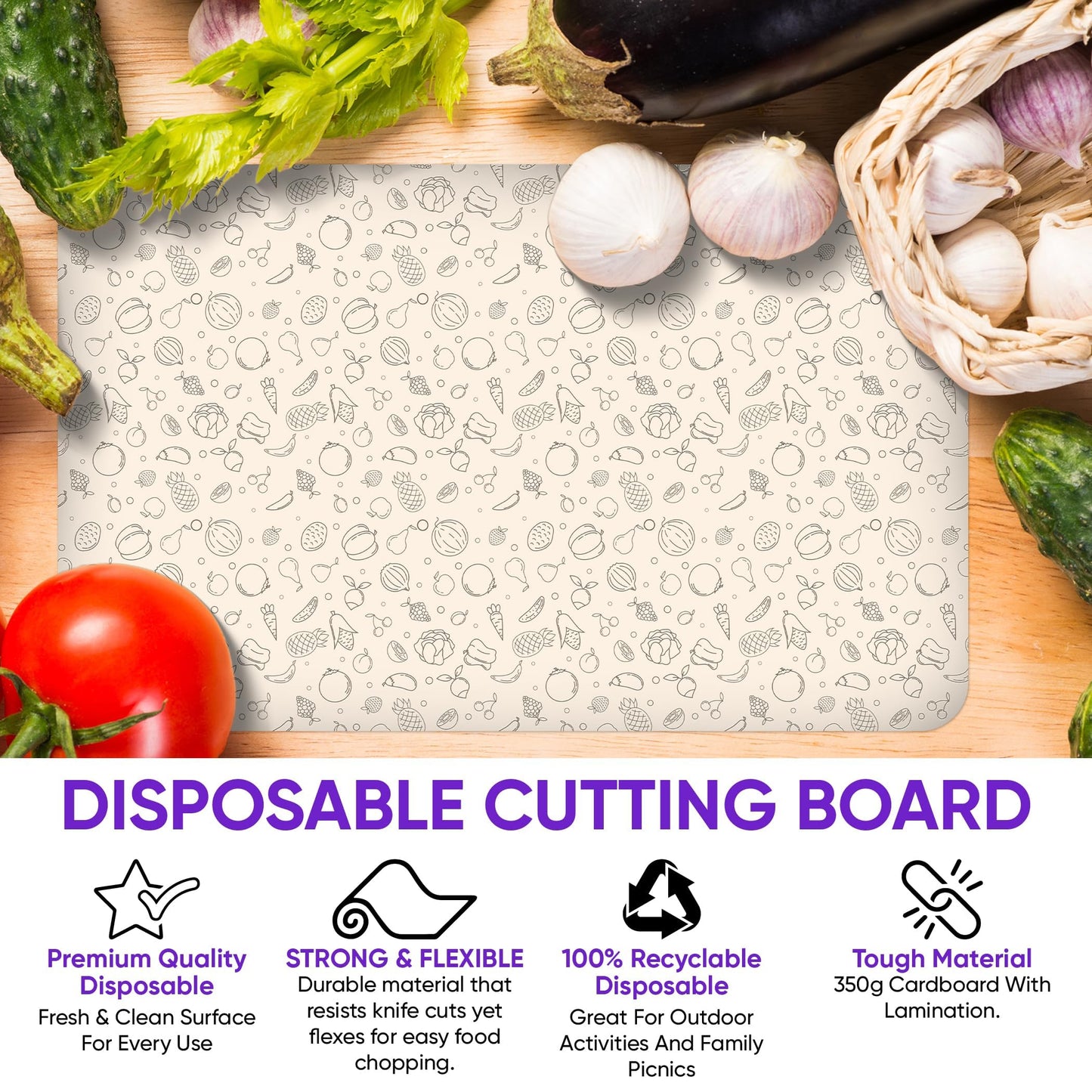Purple Dot 30 Pack Disposable Cutting Board Sheets – Large Flexible Cutting Mats for Meat, Chicken, Fish & Vegetables – Portable Chopping Board Liners for Kitchen, Crafts, Art Projects & Camping