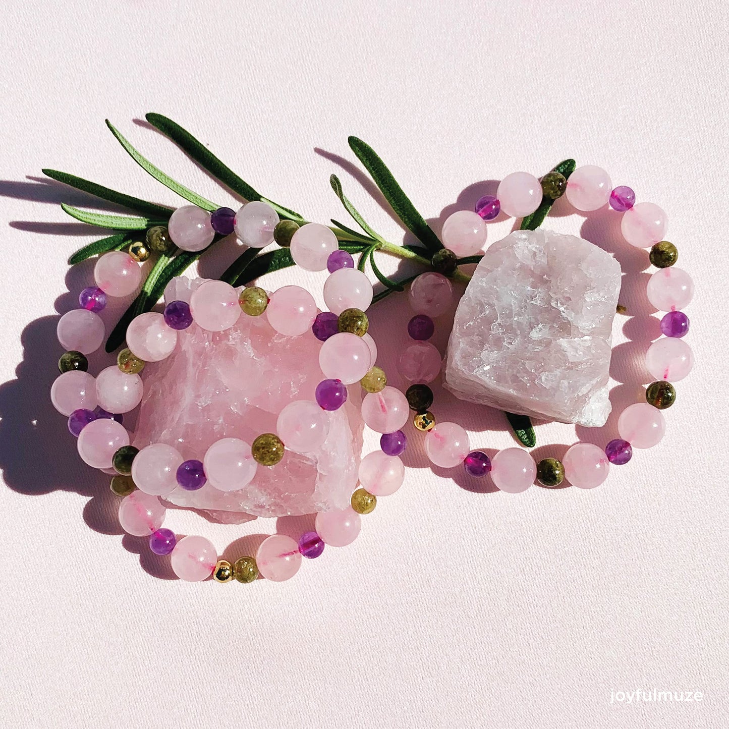 Joyfulmuze Rose Quartz Amethyst Peridot Stretch Bracelet, Natural Energy Crystal Stone Beads, Handmade Gift for Women Men, (Amethyst-Rose Quartz-Peridot)