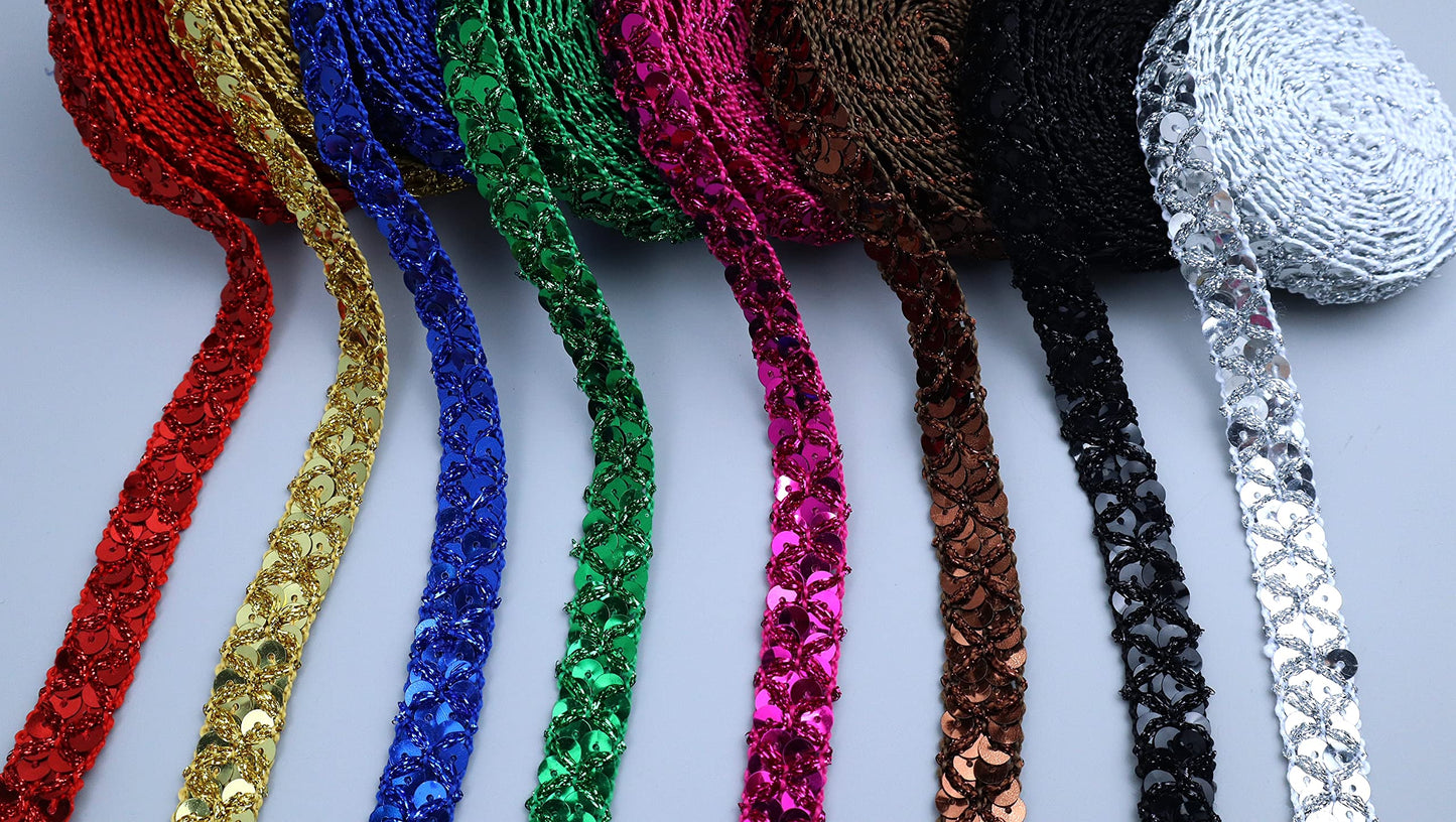 SEWDIYTR Sequin Lace Trim Gimp Braid Lace Ribbon Glitter Sequin Trim for Crafts, Embellishments, Costume Accessories 10 Yards (Black)
