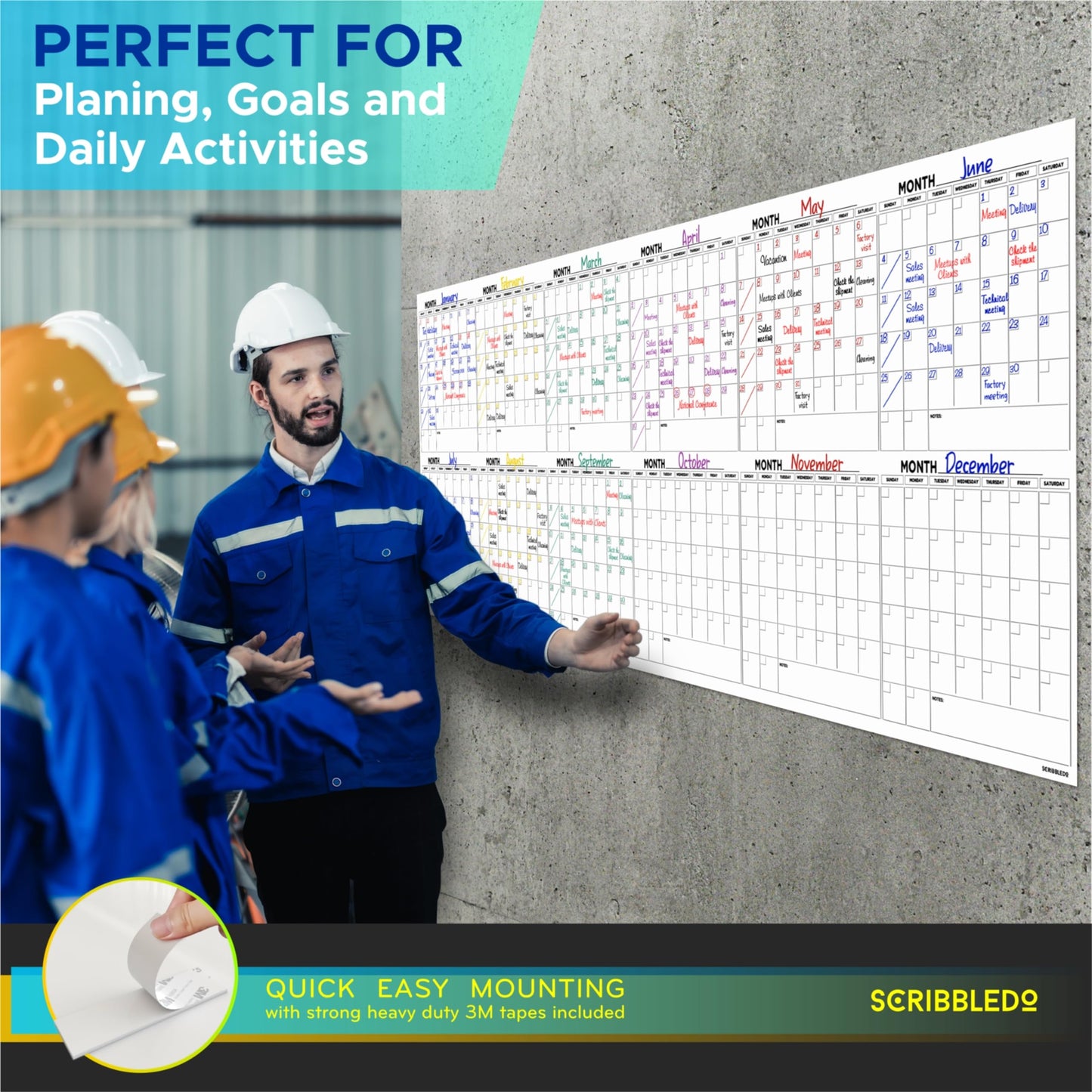 Extra Large 100"x36" Dry Erase Monthly Planner – 12-Month Whiteboard Calendar Includes 6 white Board Markers Eraser Push Pins & Mounting Tape