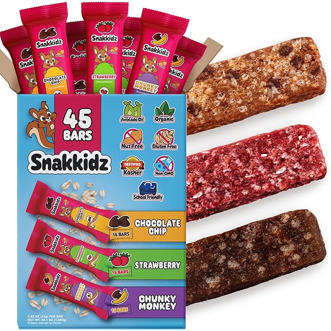 Snakkidz Organic Chewy Granola Bar, Allergen Free, Made with Avocado Oil, Low Sugar (45 Bars, Variety)