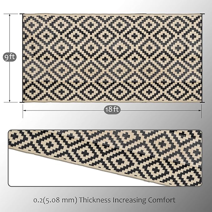 SAND MINE Waterproof Outdoor Rug 9x18 ft, Plastic Reversible Rug, Modern Area Rug, Large Floor Mat for Outdoors, RV, Patio, Backyard, Deck, Picnic, Beach, Camping, Black & Beige