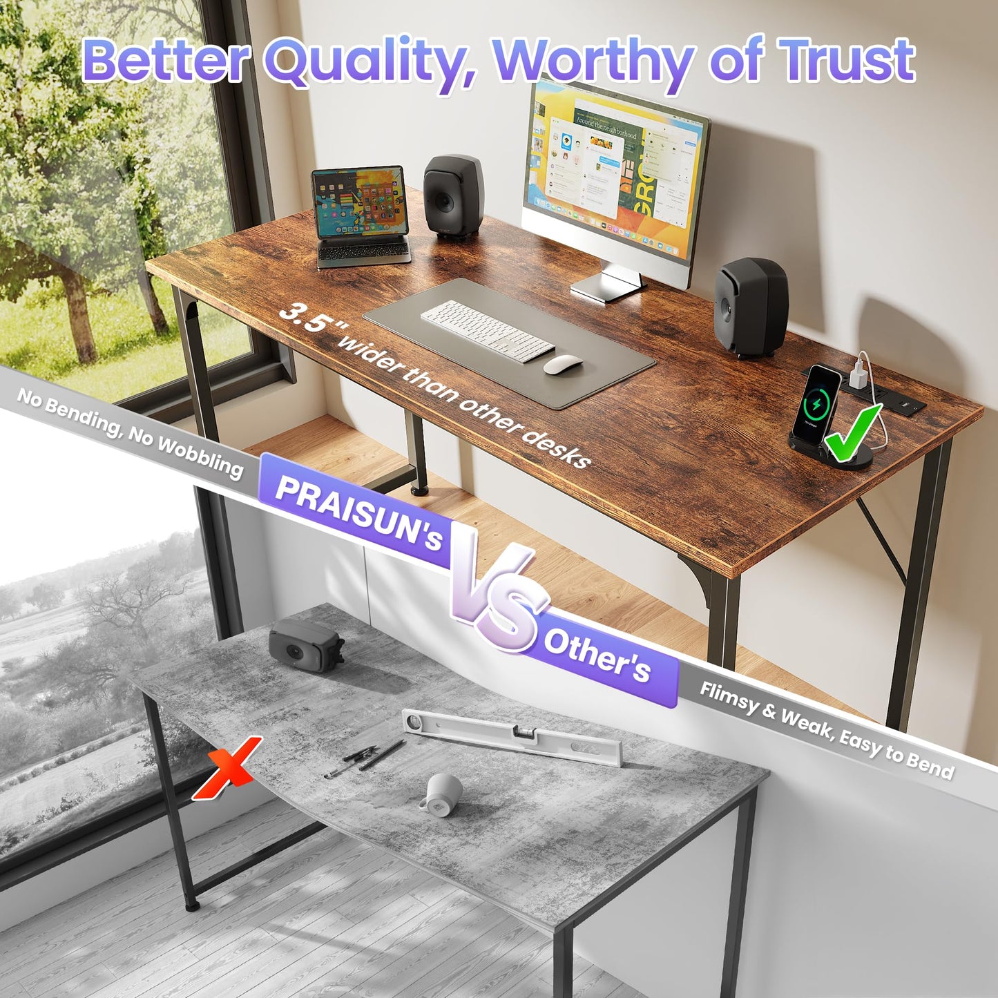 PRAISUN 55 X 20 Inch Office Computer Desk with Power Outlets and USB-C Port, Larger and Longer Gaming Desk, for Home Office, Study, Bedroom, Writing Work from Home Table, Metal Frame, Rustic Brown