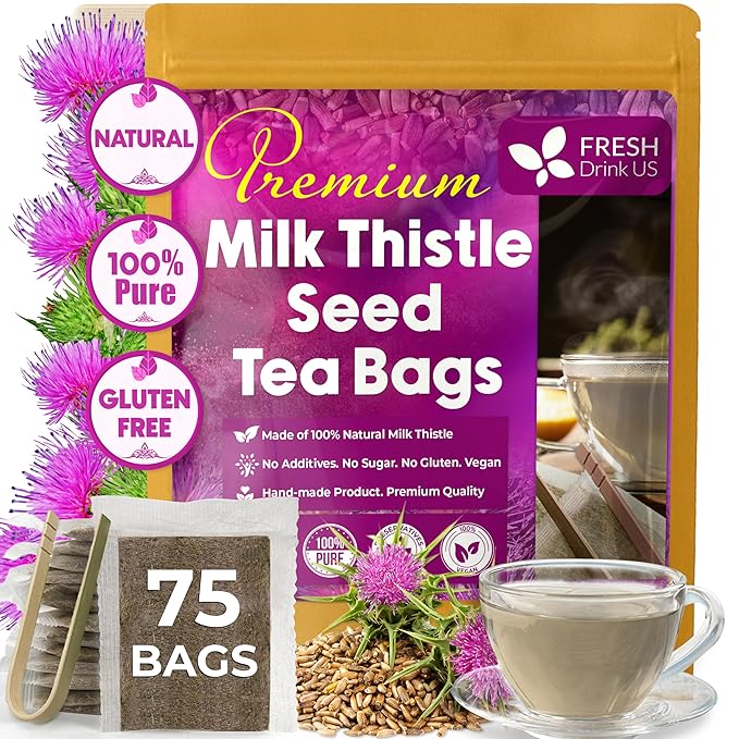 FreshDrinkUS, Premium 75 Milk Thistle Tea Bags, 100% Natural & Pure from Milk Thistle Seeds. Milk Thistle Seed Herbal Tea. Made with Natural Material Tea Bags. No Sugar, No Caffeine, No Gluten, Vegan.