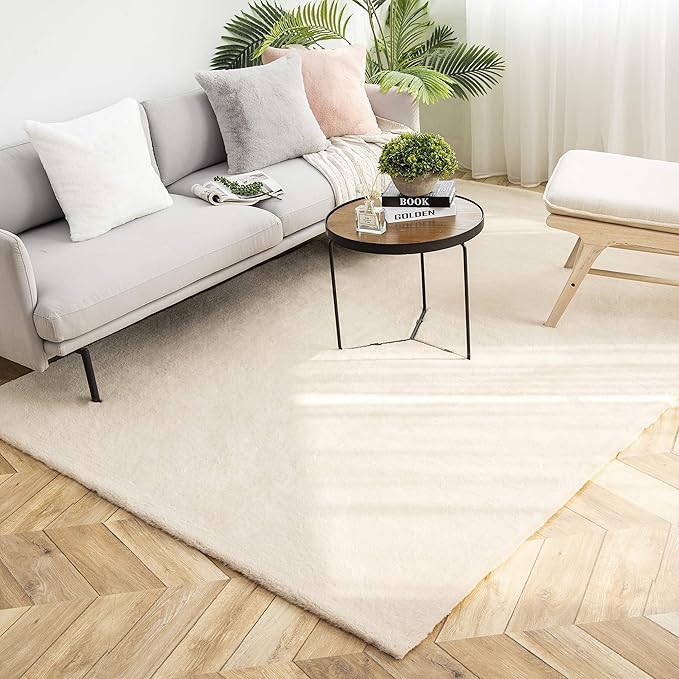 Ashler Faux Fur Rug, Ultra Soft Faux Rabbit Fur, Beige Area Rugs, 6 x 9 Feet Rectangle, Machine Washable Nursery Decor Throw Rugs for Bedroom, Kids Room, Living Room
