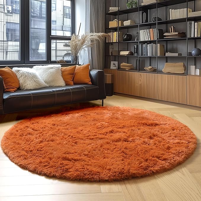 Amdrebio Burnt Orange Small Round Circle Rug 3Ft for Bedroom Living Room Aesthetic, Fluffy Fuzzy Furry Shaggy Area Rugs for Kids Room Decor, Plush Shag Dark Orange Carpet for Nursery Dorm Classroom