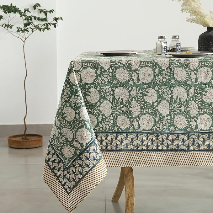 Labhanshi Indian Handblock Print Pre-Washed Cotton Floral Table Cloth|Reusable Rectangle 72x108 Inch 8-Seater Dining Tablecloth|Spring Easter St.Patrick Festive Decorative Table Cover|Moss Green