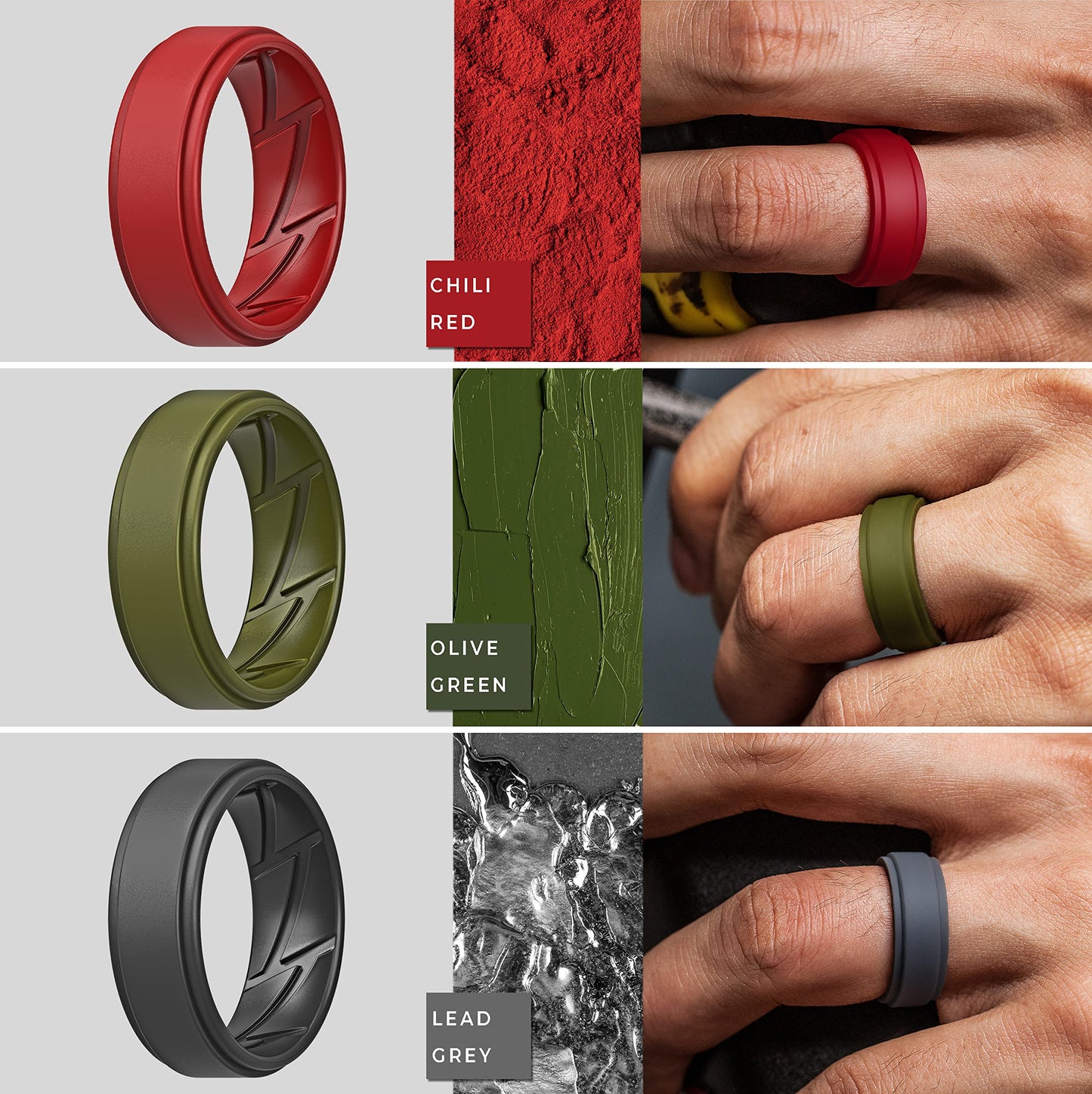 ThunderFit Silicone Wedding Rings for Men Breathable Airflow Inner Grooves, Step Edge Sleek Design Rubber Engagement Bands 8mm Wide 2mm Thick, Variety Multipack 1-7