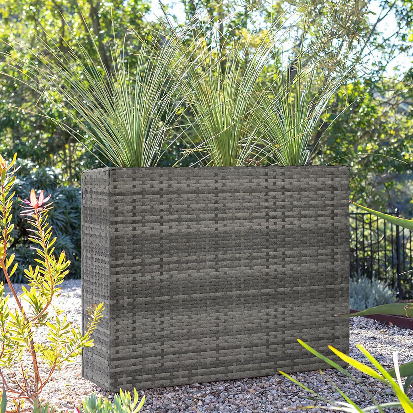 SUNNYPARK Gray Rectangular Planter Box All-Weather PE Rattan Large Modern Planters with Removable Liner Indoor Outdoor Decorative Flower Pot for Patio, Balcony, Garden