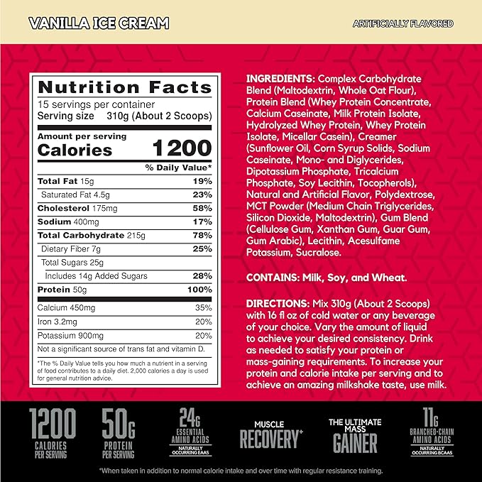 BSN TRUE-MASS Weight Gainer, Muscle Mass Gainer Protein Powder, Vanilla Ice Cream, 10.25 Pound