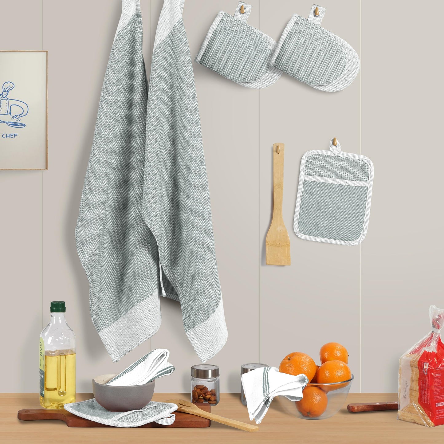 Casa Platino 8-Piece Mini Oven Mitt & Pot Holder Set – 500°F Heat Resistant with Silicone Grip, Includes 2 Kitchen Towels & 2 Dish Cloths for Drying – Non-Slip, Durable, Machine Washable – Grey