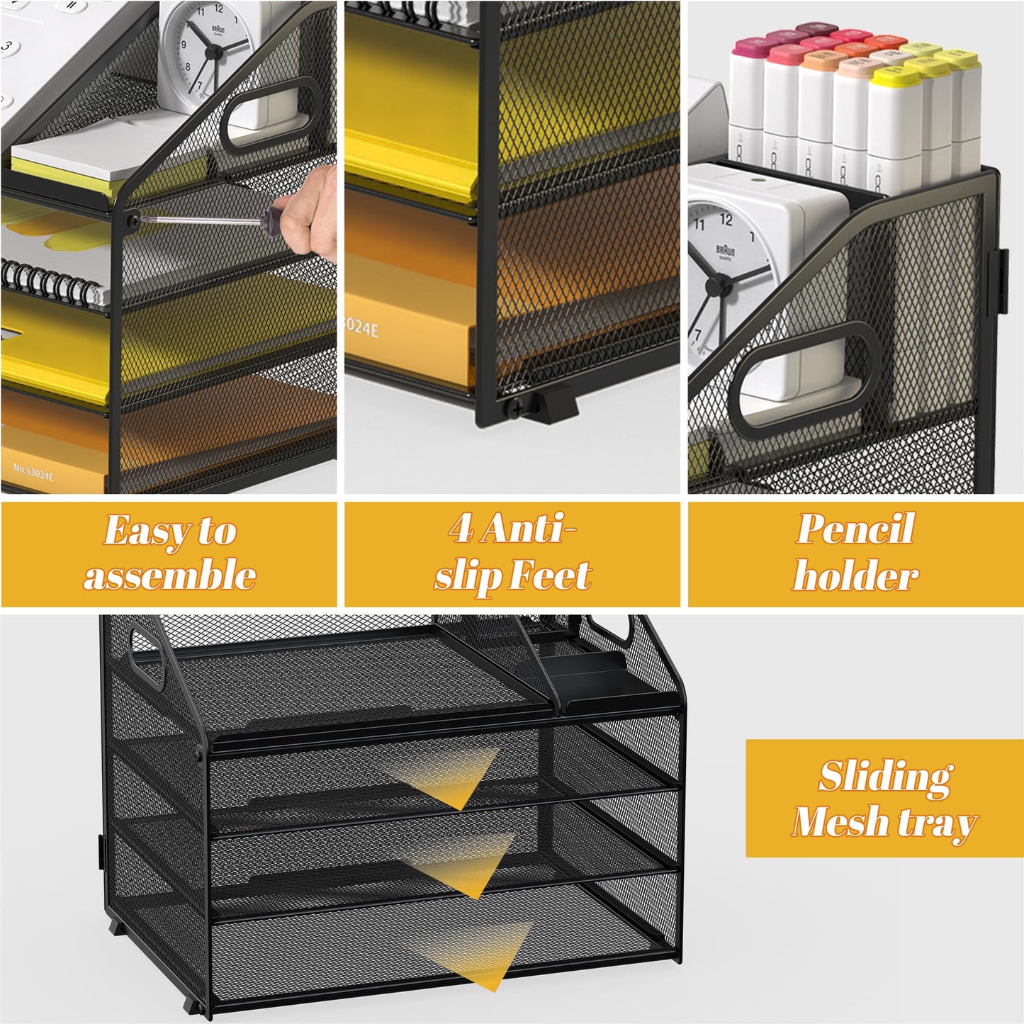 OrgMate Letter Tray Paper, 4 Tier Desk Organizer with Pen Holder and Handle Mesh File Organizer Paper Sorter Metal Desktop Document Shelf for Office Home Classroom -Black