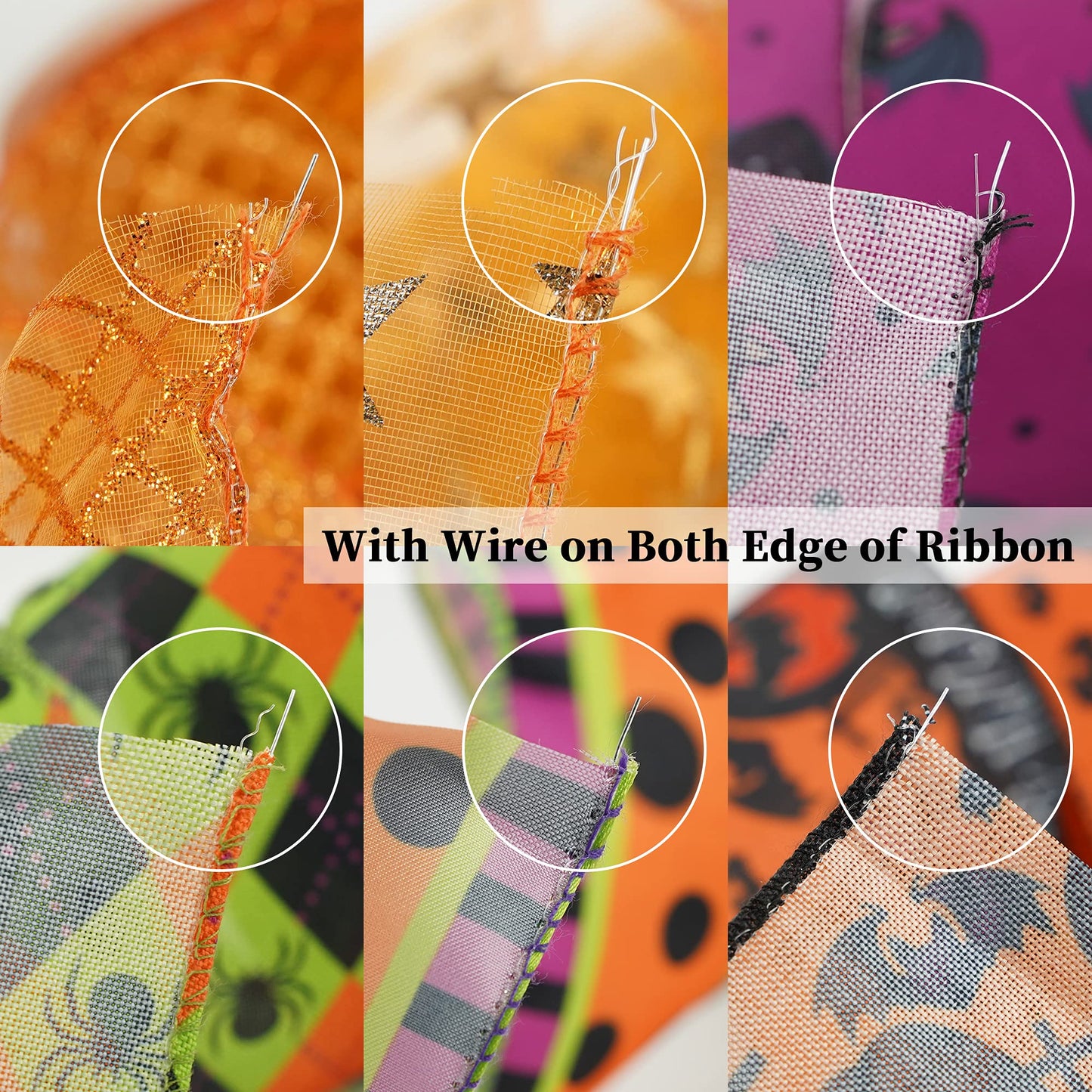 MEEDEE Halloween Wired Ribbon - 6 Rolls, 36 Yards, Black & Orange, Buffalo Plaid & Pumpkin Designs for Wreaths