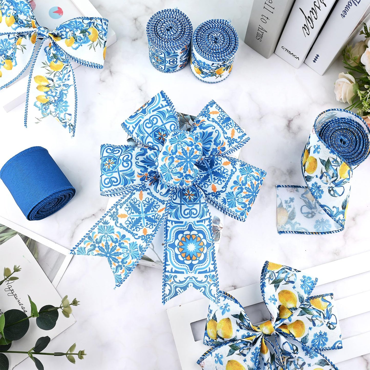4Rolls 20 Yards Lemon Wired Edge Ribbon 2.5inch Summer Blue Tiles Yellow Lemon Printed Fabric Ribbon for Wreath Bow Making DIY Crafts Wrapping Supplies