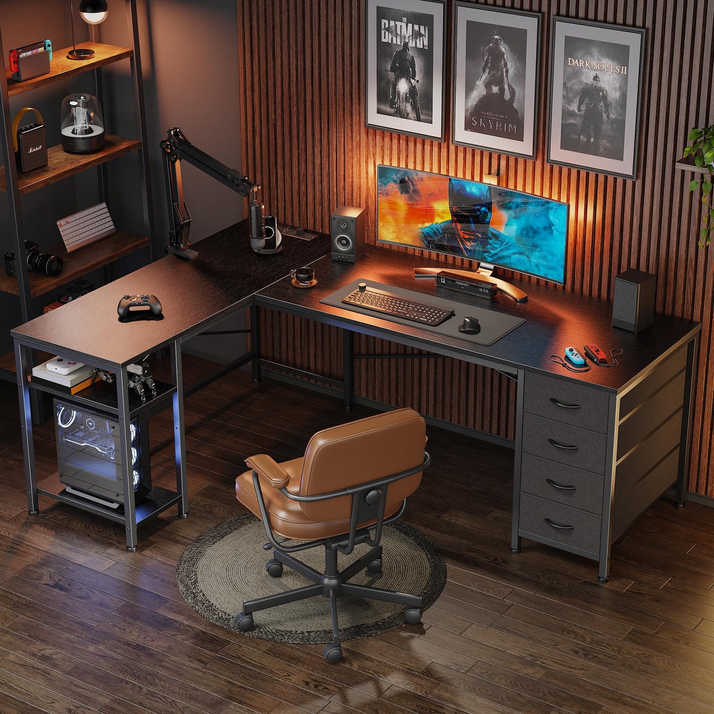 Huuger 55 Inch L Shaped Desk with Fabric Drawers, Reversible Computer Gaming Desk with Power Outlets and USB-C Port, Adjustable Side Storage Shelves, for Work Study Corner Home Office, Black