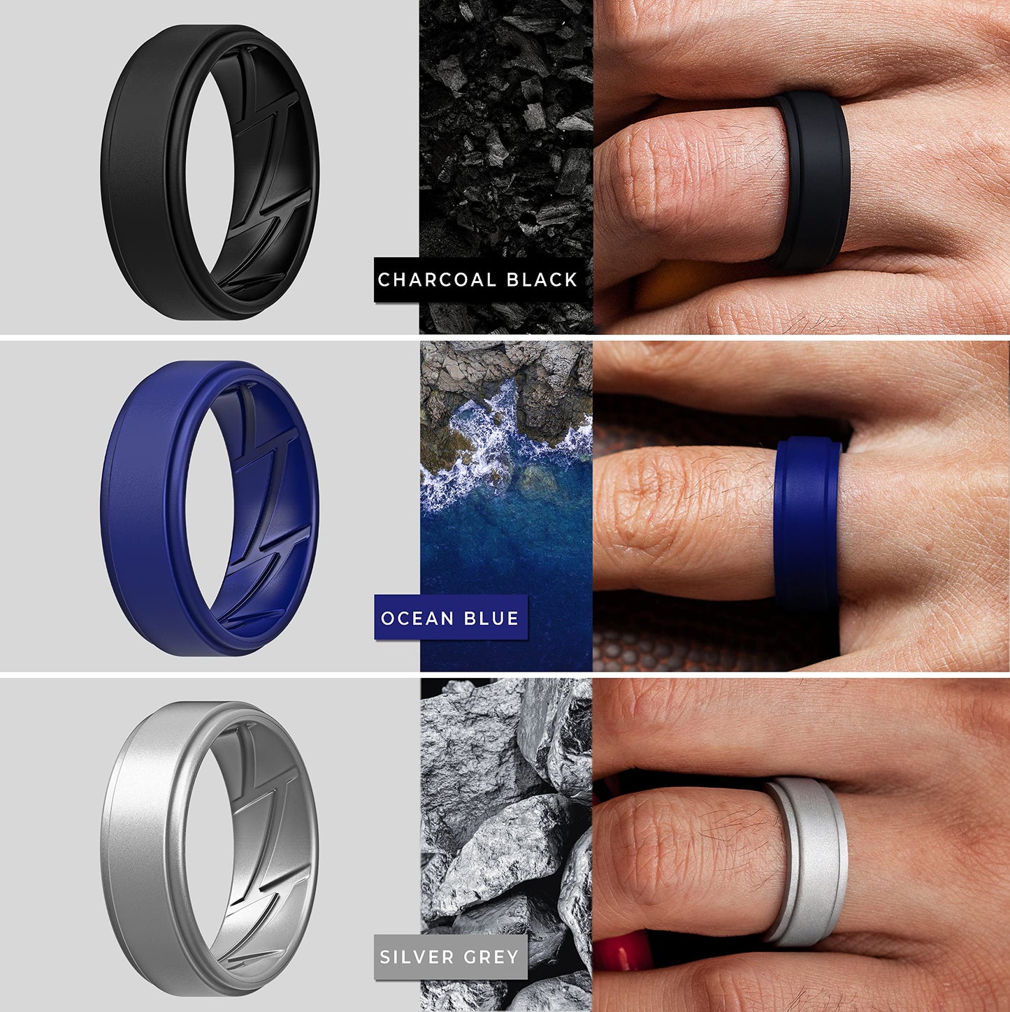 ThunderFit Silicone Wedding Rings for Men Breathable Airflow Inner Grooves, Step Edge Sleek Design Rubber Engagement Bands 8mm Wide 2mm Thick, Variety Multipack 1-7