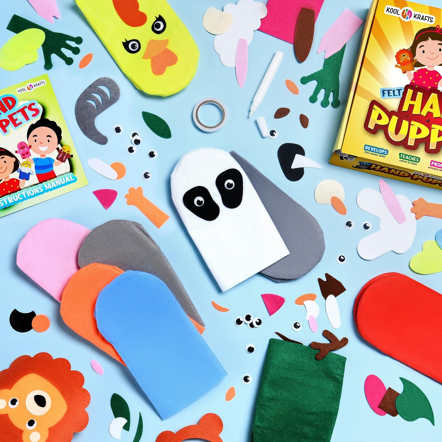 Hand Puppet Kit – Make Your Own Animal Characters, 10 Felt Pieces, Simple Step-by-Step Instructions, Arts & Crafts Activity for Kids, Role Play & Storytelling Birthday Gift