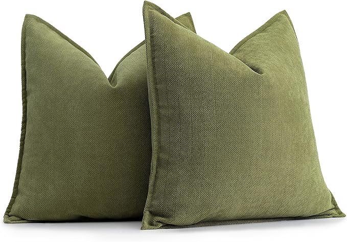 ZWJD Olive Green Pillow Covers 18x18 Set of 2 Chenille Throw Pillow Covers with Elegant Design Soft and Luxurious Decorative Throw Pillows for Couch, Bed, and Home Decor