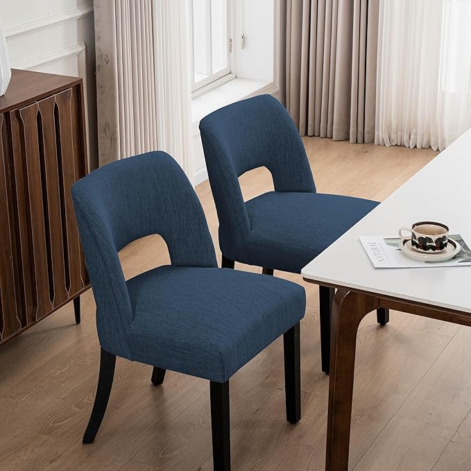 VKNOW Wooden Dining Chairs Set of 2, Modern Fabric Upholstered Dining Room Chair Kitchen Chairs, Farmhouse Dinner Chair for Kitchen Dining Room, Blue-Black Legs