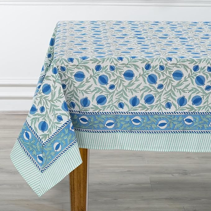 Ridhi Hand Block Print Queen Blue Rectangle Cotton Tablecloth 160" x 72" Reusable Table Cover Decorative Everyday Use for Dining, Farmhouse, Home Gift for Spring, Easter, Valentine