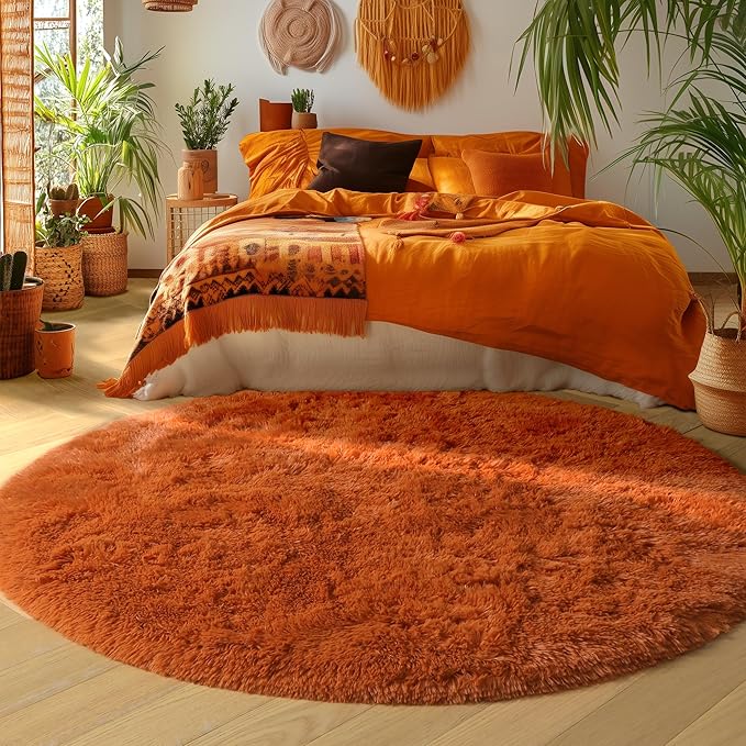 Amdrebio Burnt Orange Round Circle Rug 4Ft for Bedroom Living Room Decor Aesthetic, Fluffy Furry Fuzzy Shaggy Area Rugs for Kids Room, Small Plush Shag Dark Orange Carpet for Nursery Dorm Classroom