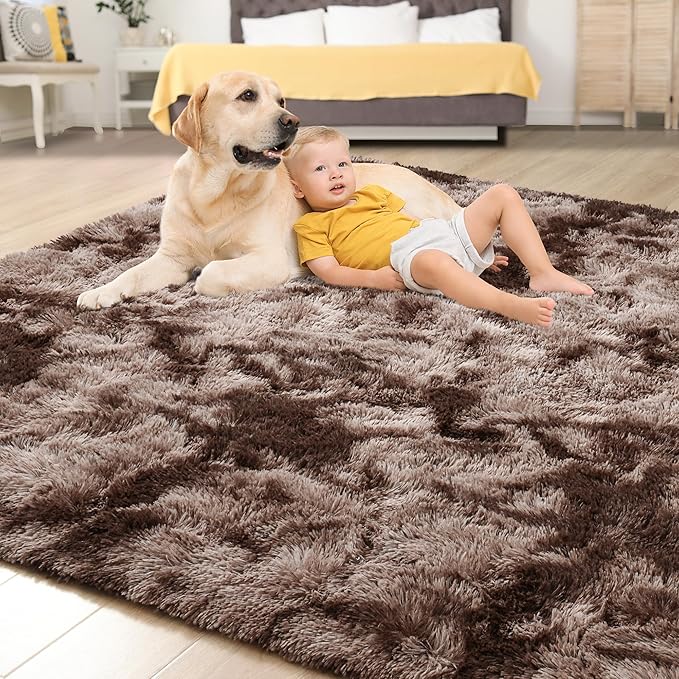 Tepook Soft Fluffy Rugs for Bedroom, 4x6 Area Rug for Living Room, Modern Shaggy Room Rug for Kids Boys Girls, Plush Throw Rugs Indoor Nursery Home Decor Rug with Non-Slip Bottom, Tie-Dyed Coffee