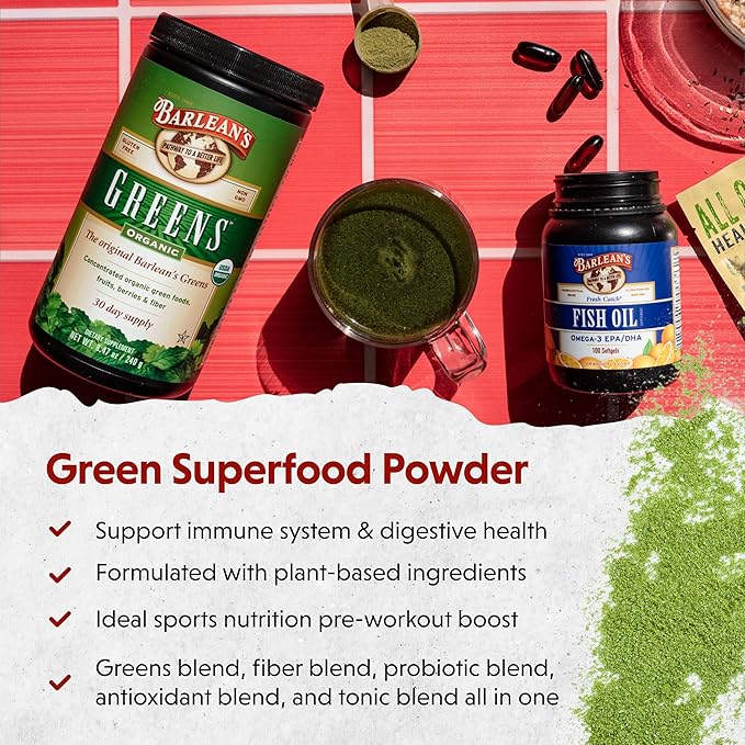 Barlean's Organic Greens Powder, Fruits and Veggies Superfood Supplement with Green Food Protein, Probiotic Blend and Fiber for Athletic Endurance and Daily Health, 8.47 oz