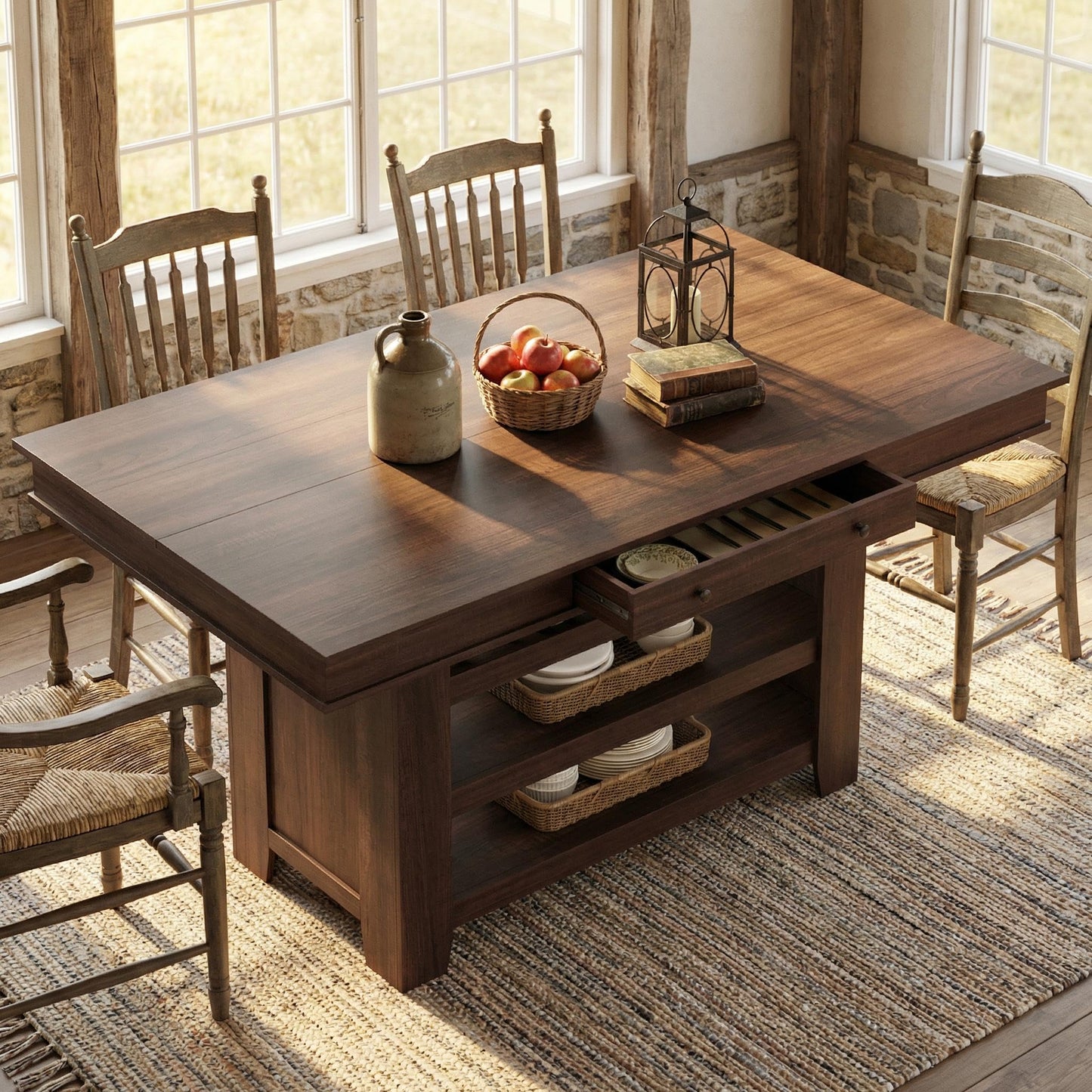 Garvee Counter Height Dining Table with 2 Drawers, 36" Farmhouse Wooden Large Bar Kitchen Table with Wine Rack & 3 Shelves, Rectangular, Thick Frame for Kitchen, Bar & Entertaining, Retro Brown