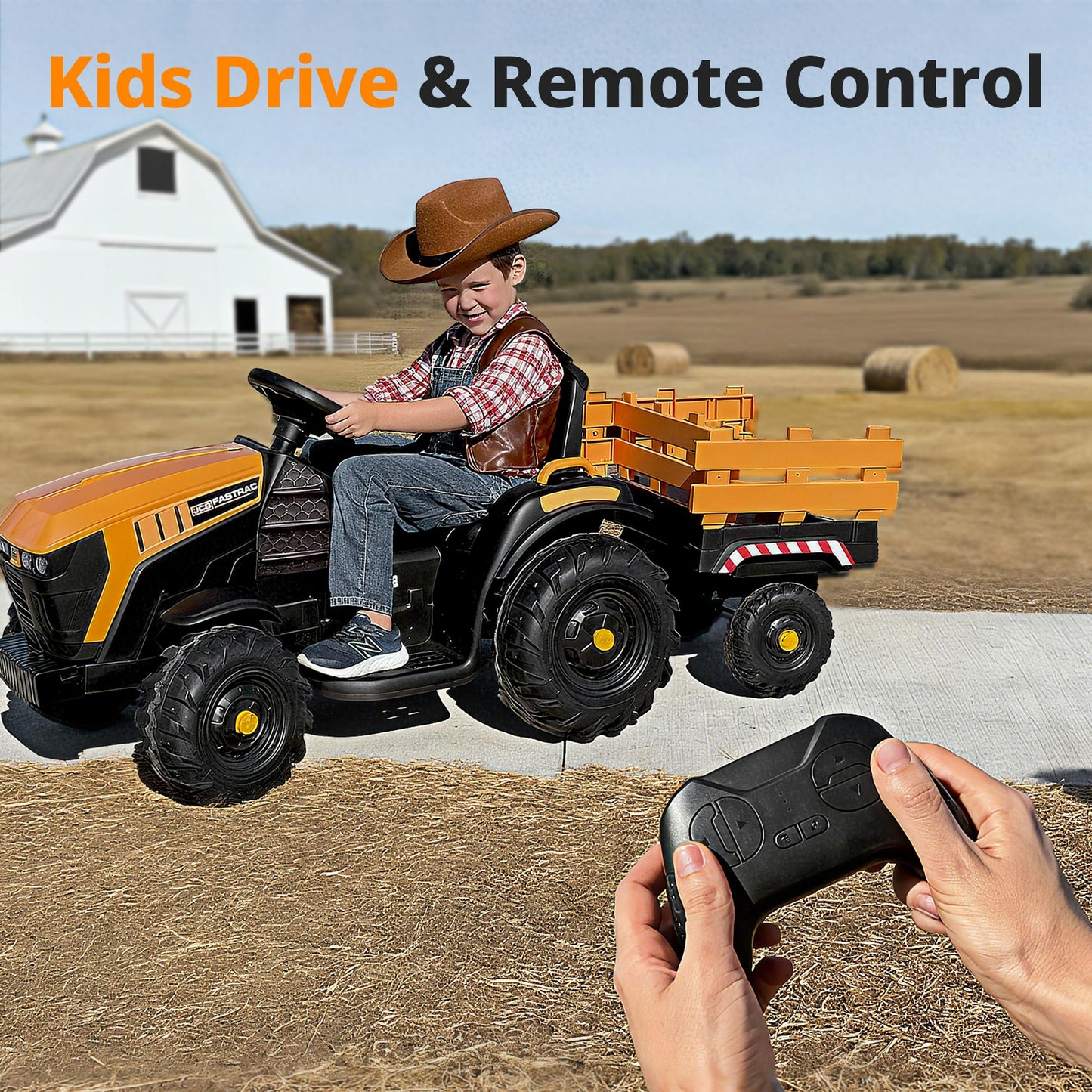 Hikiddo Licensed JCB 24V Electric Ride on Trator for Big Kids 3-8 with Trailer, Remote Control, 400W Motors - Yellow