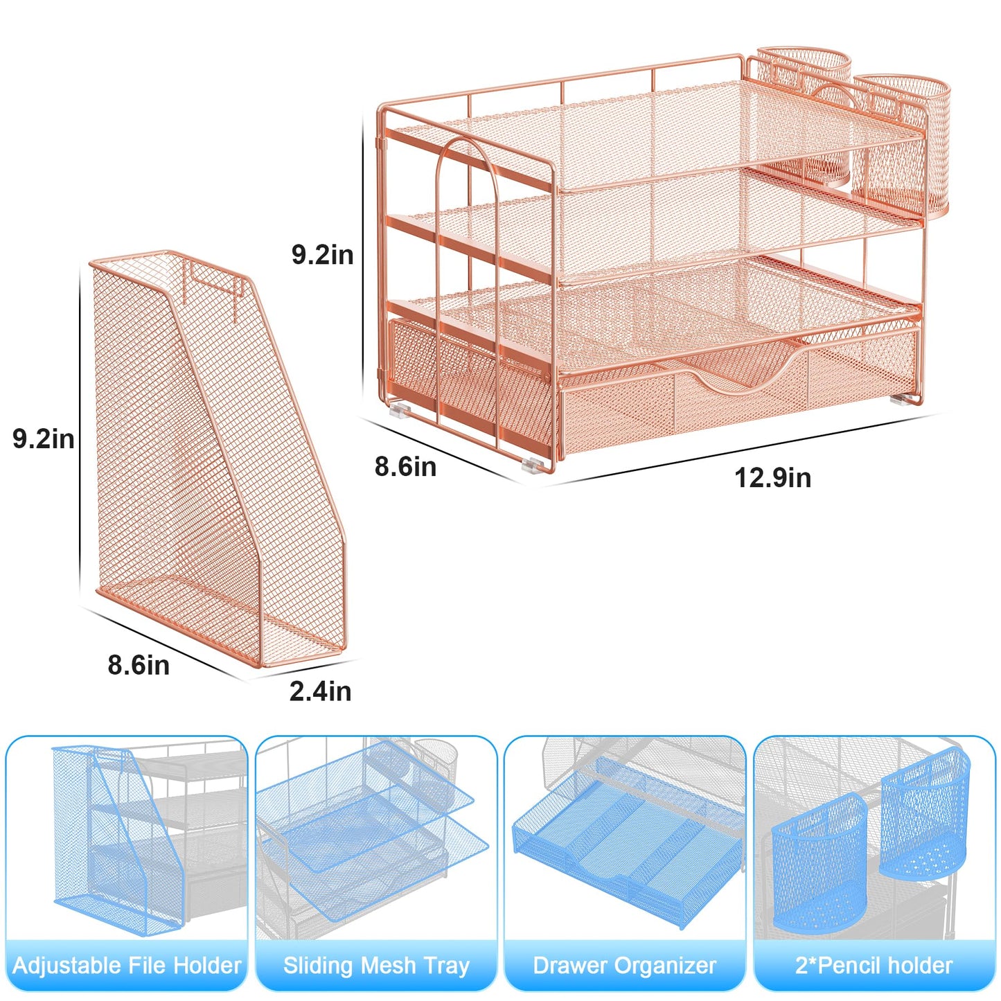 gianotter Desk Organizers and Accessories with File Holder, 4-Tier Desk Accessories & Workspace Organizers with Drawer and 2 Pen Holder, Paper Organizer for Office Supplies (Rose Gold)