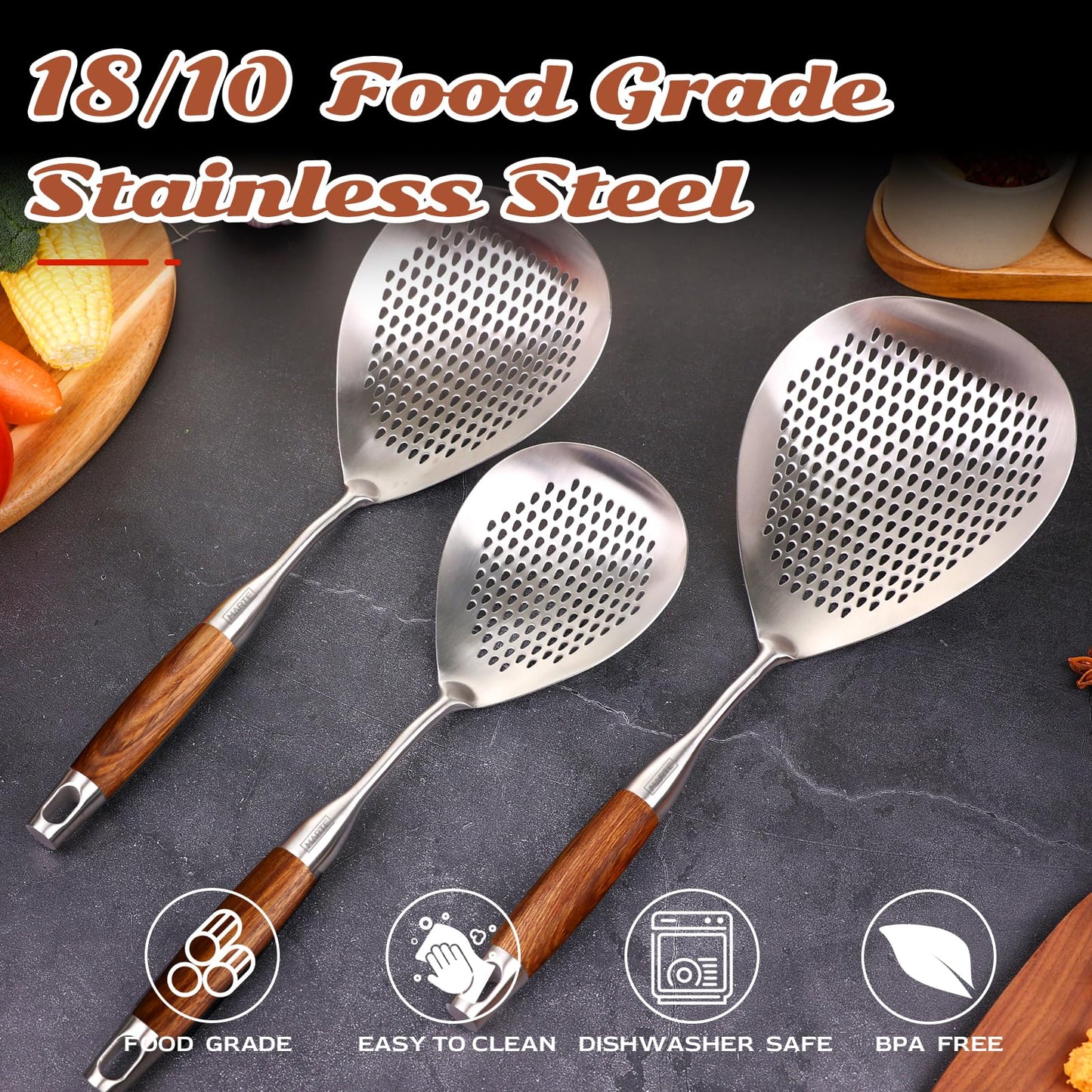 MARTE Skimmer Slotted Spoon,304 Stainless Steel Pasta Spider Strainer Ladle for Frying and Cooking,Kitchen Colanders & Food Strainers Set of 2，Slotted Spoon with Heat-Resistant Solid Wood Handle