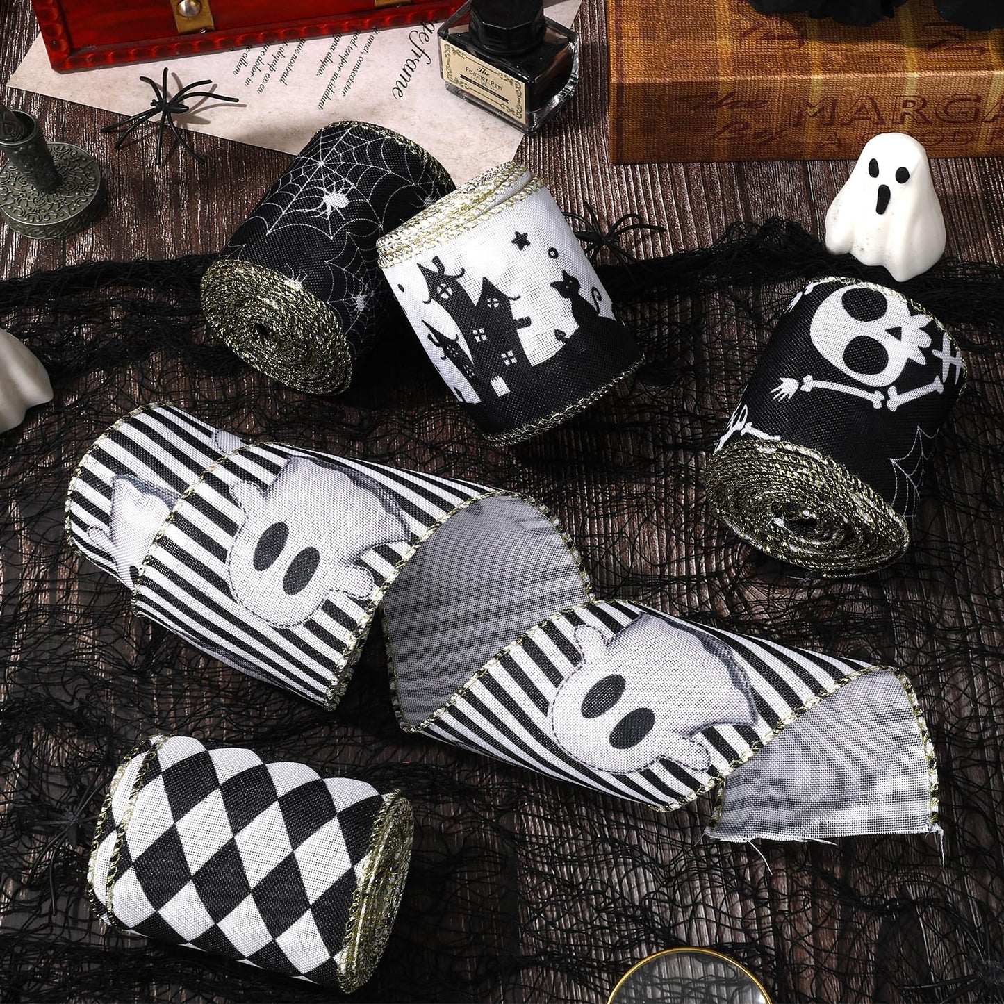 JarThenaAMCS 5 Roll Halloween Wired Edge Ribbon - 2.5 Inch, 30 Yards Ghost Skeleton Spider Web - White & Black Spooky Gift Wrap Ribbon for Bow, Wreath, Craft & Party Decor