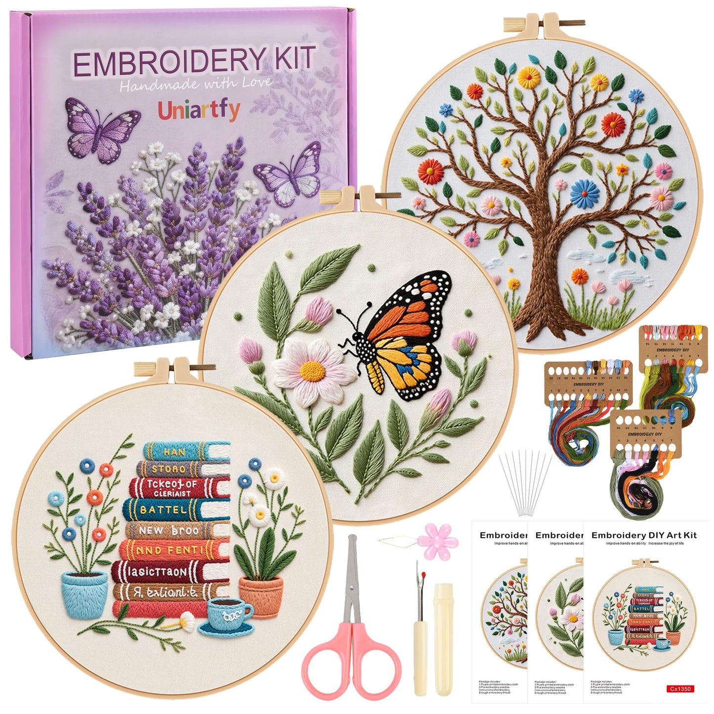 3 Sets Embroidery Kit for Beginners with Stitch Video, Flower Butterfly Tree Books Cross Stitch Kits for Adults, Needle Point Kits with Stamped Pattern, Hoop, Needles, Tools, DIY Arts and Crafts