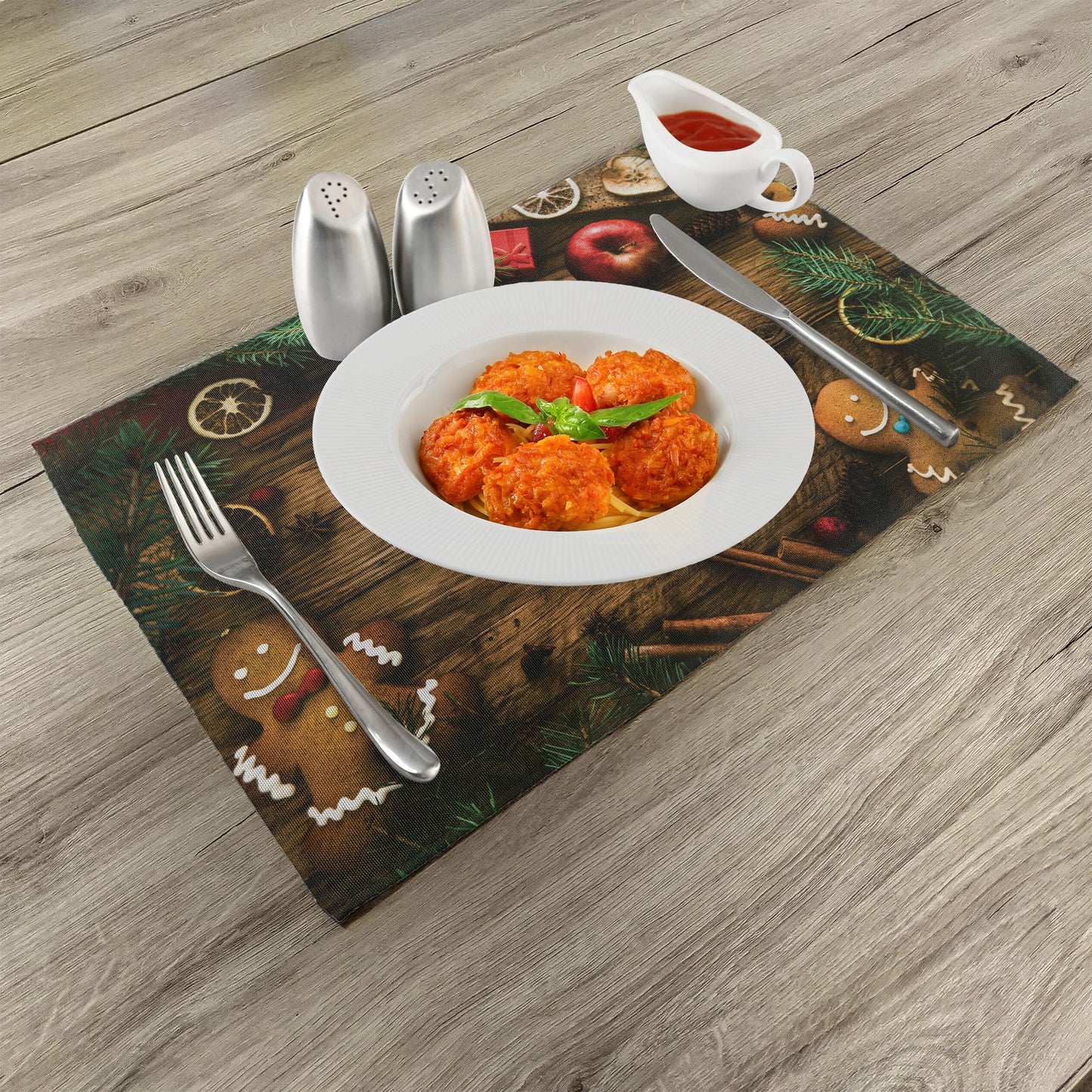 Ambesonne Christmas Place Mats Set of 8, Gingerbread Man Gift Box Coniferous Pine Cinnamon Dessert on Rustic Wood Theme, Washable Fabric Placemats for Dining Table, Placemat 8 pcs, Green and Brown