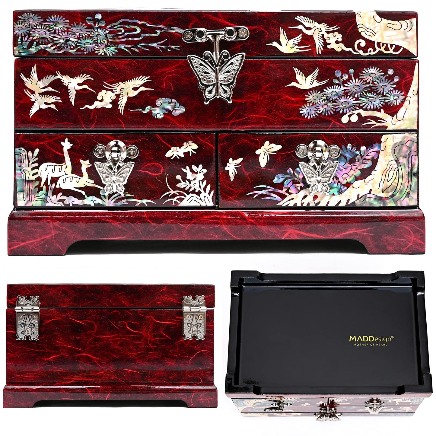 MADDesign Mother of Pearl Lacquered Jewelry Box Two Level Cranes (Red)