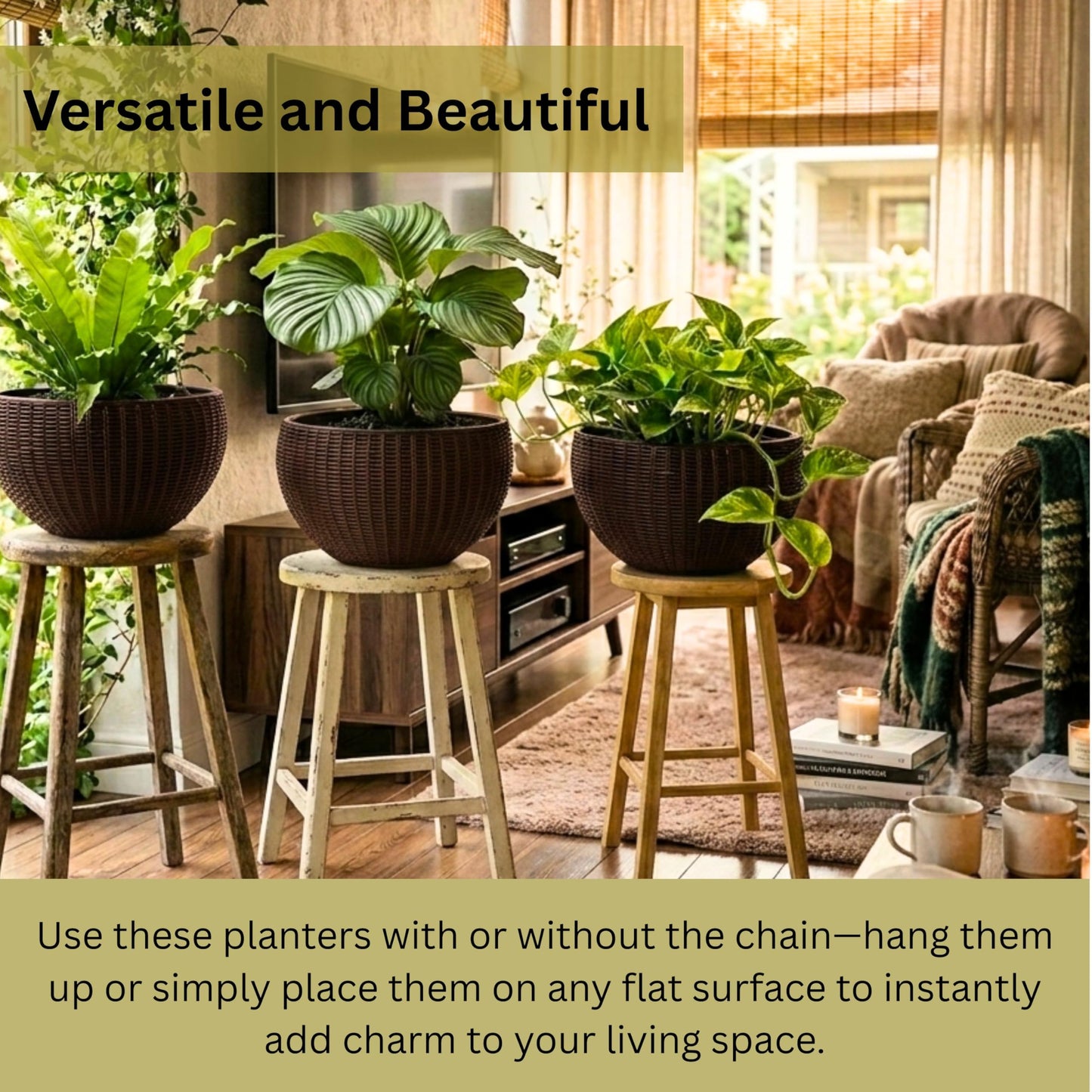 LaLaGreen Hanging Planters for Indoor Plants (11 Inch, 3 Pack) Brown Rattan Style Self-Watering Flower Pots with Water Level Indicator, Plastic Baskets with Metal Chain for Balcony, Porch Garden Decor