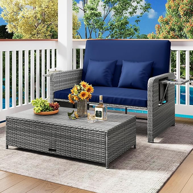 HAPPYGRILL Patio Rattan Wicker Daybed with Loveseat & Storage Ottoman, Outdoor Lounge Sofa Furniture Set with Adjustable Backrest & Side Trays, for Poolside Deck Porch Lawn (Mix Grey & Navy)