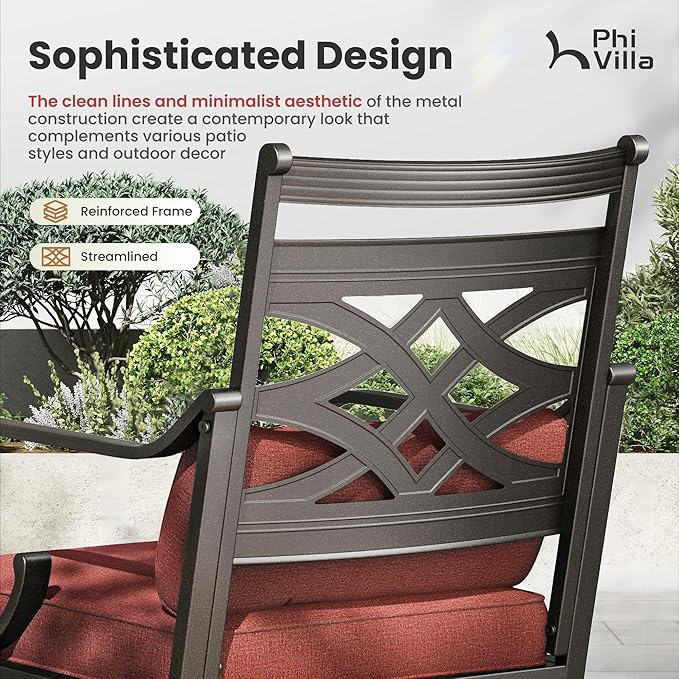 PHI VILLA 5 Pieces Outdoor Dining Set for 4, 42" Square Brown Metal Table with Umbrella Hole & Wrought Iron Swivel Chairs, Large Outside Furniture with Red Cushions & Pillows for Patio, Deck, Porch