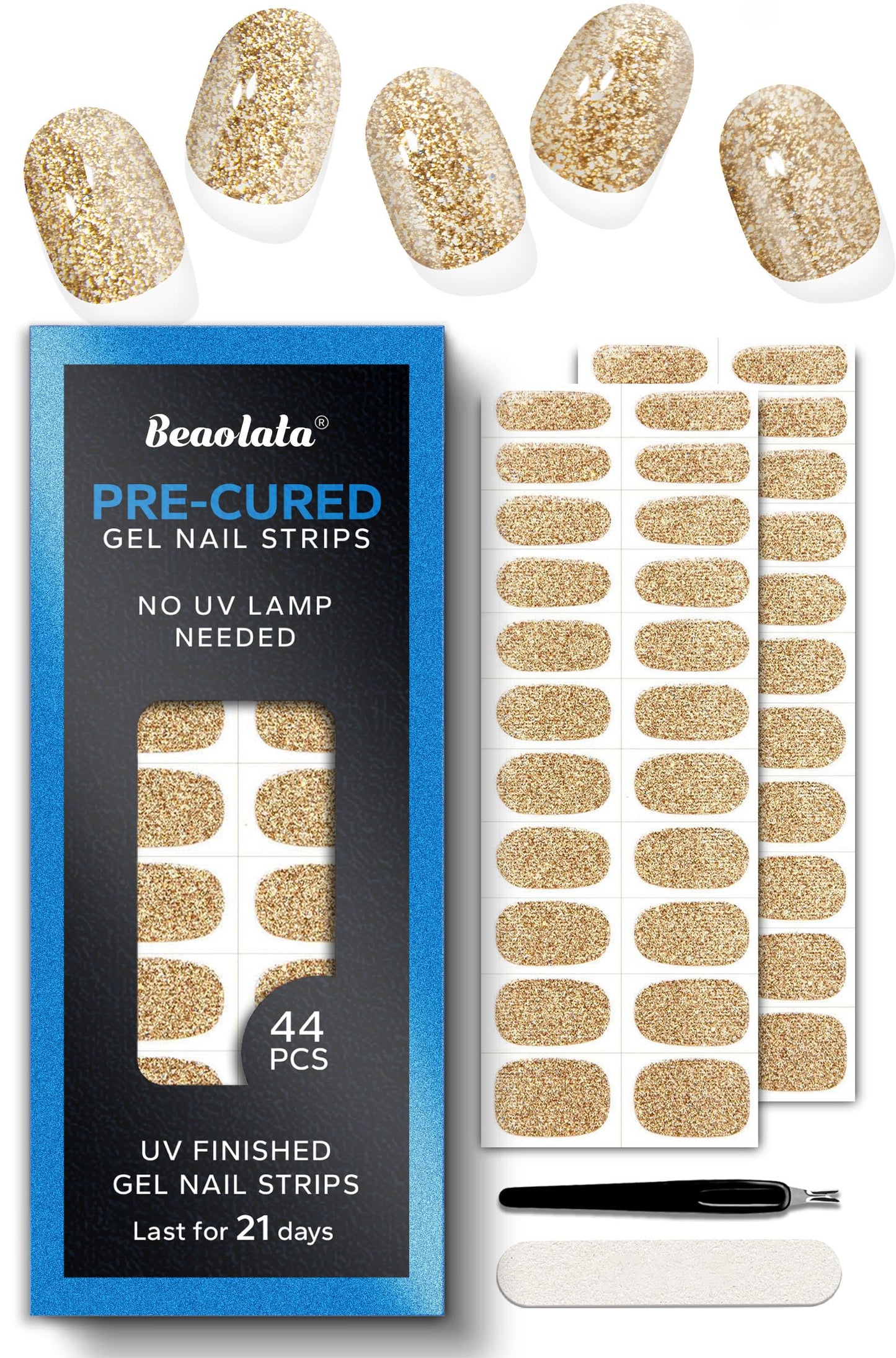 Beaolata Real Gel Nail Strips (No UV Light Needed) - 44Pcs Salon Quality Nail Stickers - Long Lasting Polish Wraps for Women, Easy Apply & Remove (Gilded Desire Gold)