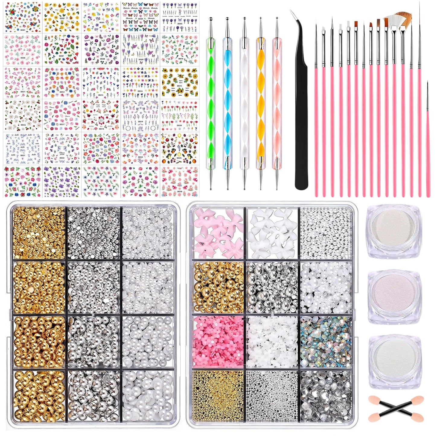 GZMAYUEN Nail Decoration Kits, Nail Art Brushes Set, Nail Charms, Nail Art Dotting Pens, Flowder Nail Stickers, Rhinestones For Nails