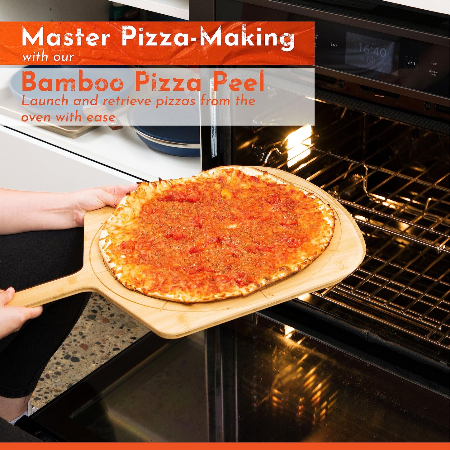 Loftern Wooden Pizza Peel 16 Inch Board with Engraved Sizes - Multi-Purpose Bamboo Pizza Cutting Board, Wood Pizza Peel, Pizza Spatula Paddle, and Serving Board with Size and Cutting Guide