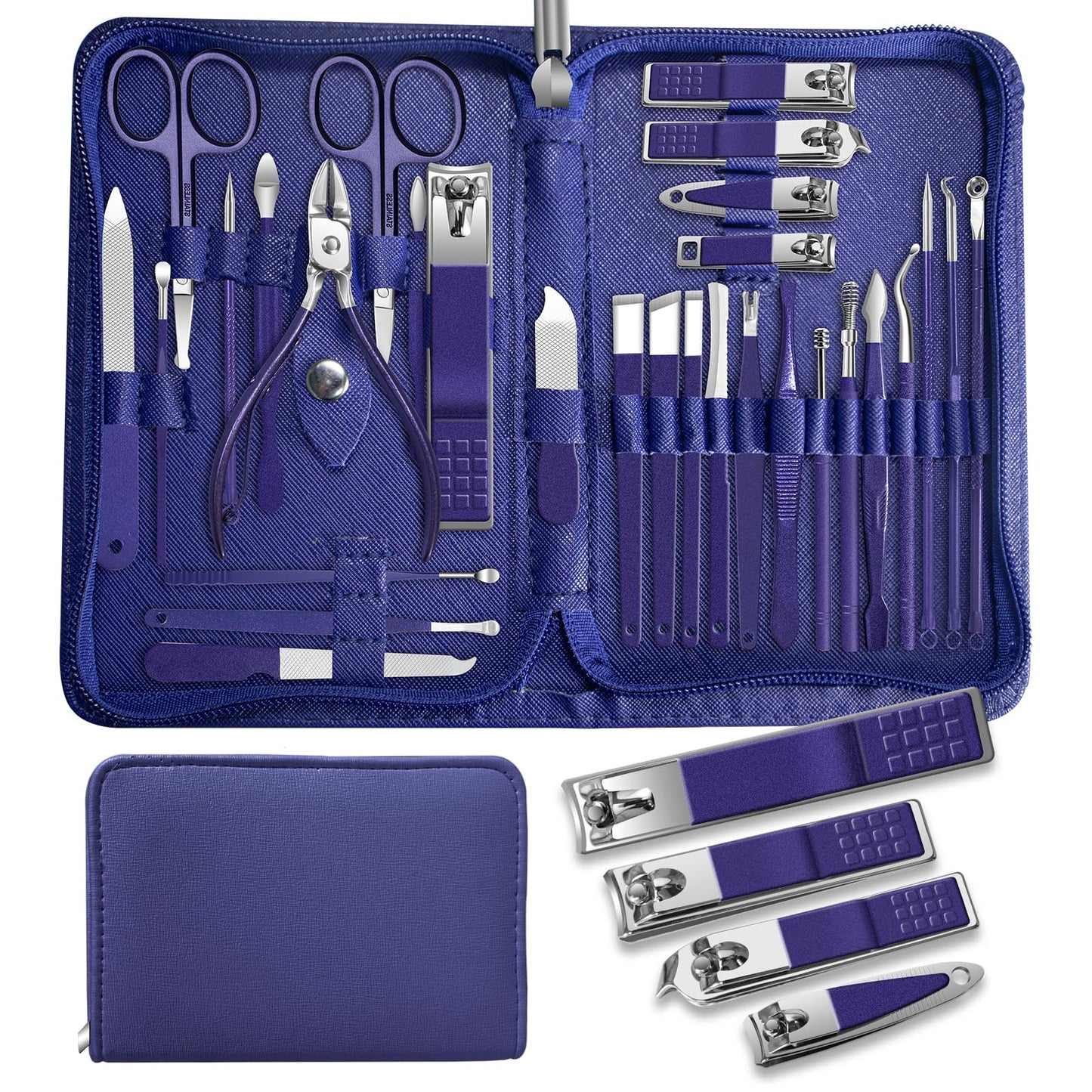 30Pcs Manicure Pedicure Kit，Nail Clippers Kit Professional and Stainless Steel Nail Care Tools，Toenail Clipper Cutters Men's Accessories Whit Beauty Tools Luxurious Travel Case (Blue)