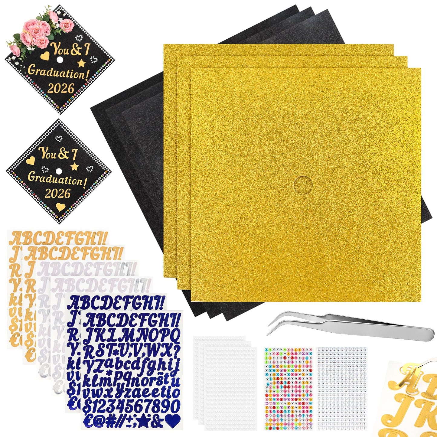 Arivlune Graduation Cap Decorations kit, Includes 6 9.8 X 9.8 Graduation Cap Topper Blank Glitter Cardstock/5 Sheets Rhinestones/6 Alphanumeric Stickers for DIY Graduations Caps Topper