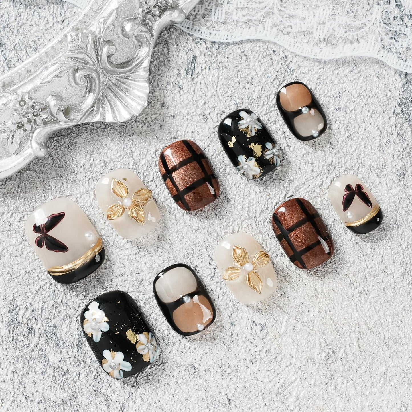 Tesytto 3D Gold Butterfly Press on Nails Short Square - Handmade Flower & Pearl Design, Black Plaid Glossy Reusable False Nails (Vintage Black Gold,L)